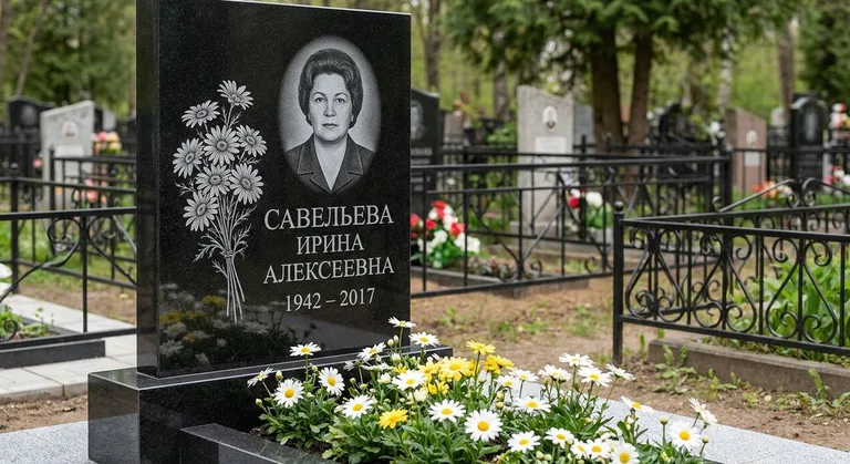 Памятник с гравировкой ромашек — выполненная работа «Савельева» в Омске