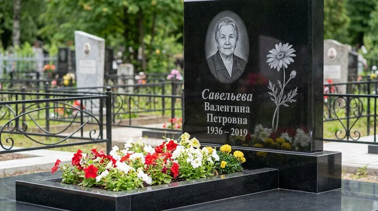 Памятник с гравировкой ромашек — выполненная работа «Савельева» в Омске