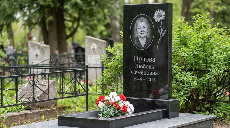 Памятник с гравировкой ромашек — выполненная работа «Орлова» в Омске