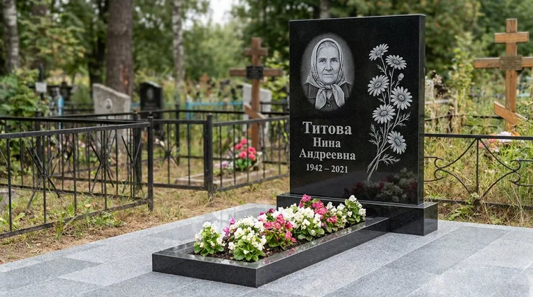 Памятник с гравировкой ромашек — выполненная работа «Титова» в Омске