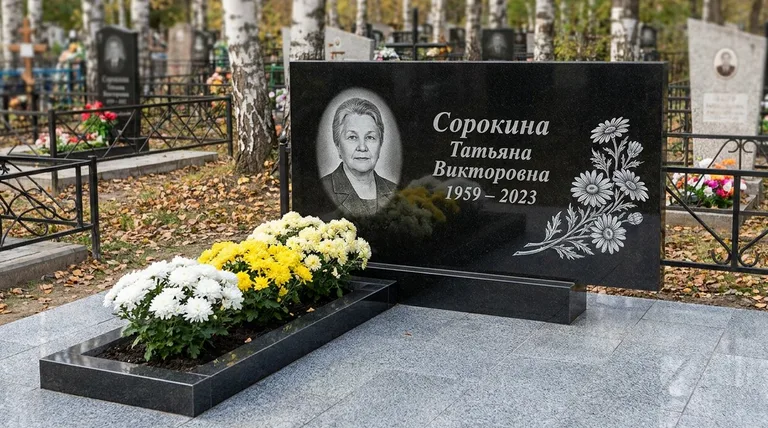Памятник с гравировкой ромашек — выполненная работа «Сорокина» в Омске