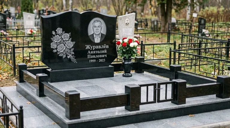 Памятник с гравировкой роз — выполненная работа «Журавлёв» в Омске