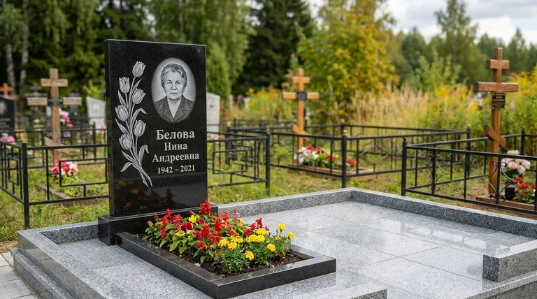 Памятник с гравировкой тюльпанов — выполненная работа «Белова» в Омске