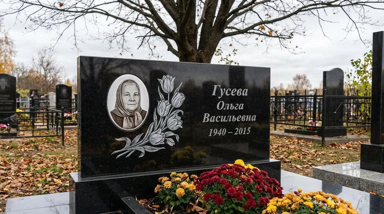 Памятник с гравировкой тюльпанов — выполненная работа «Гусева» в Омске