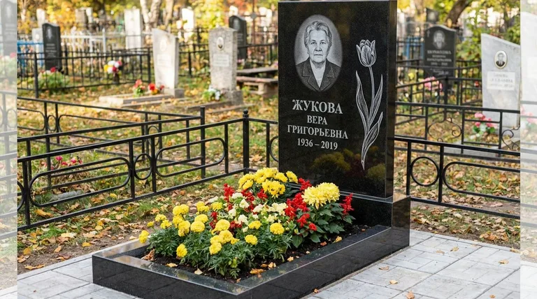 Памятник с гравировкой тюльпанов — выполненная работа «Жукова» в Омске