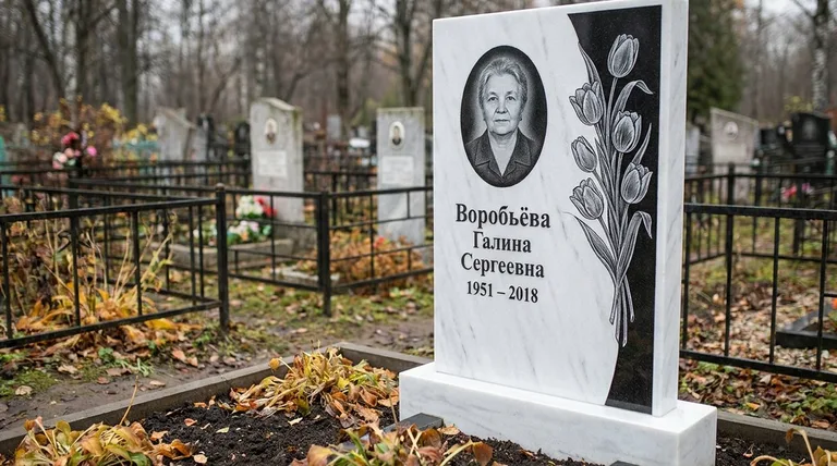 Памятник с гравировкой тюльпанов — выполненная работа «Воробьёва» в Омске