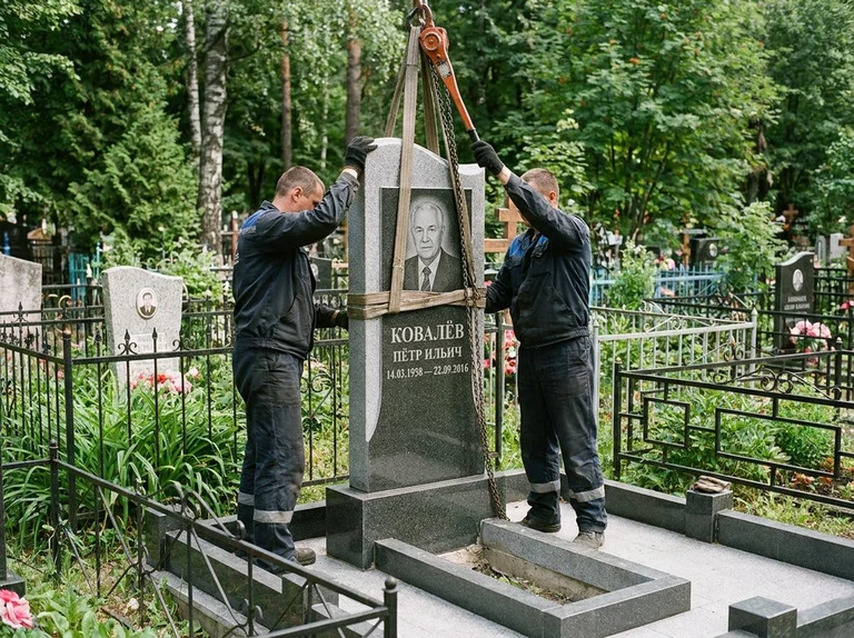 Демонтаж памятника на кладбище в Омске — бригада аккуратно снимает старый гранитный памятник с могилы