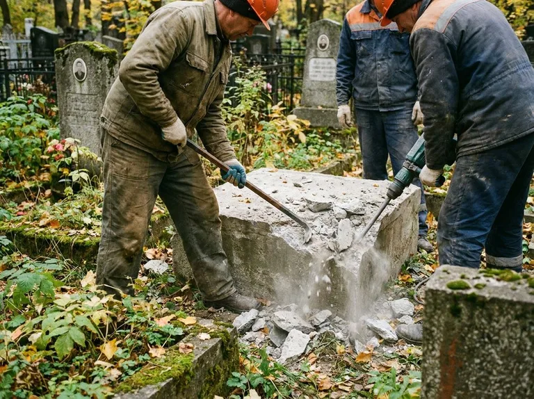 Демонтаж бетонного цоколя и тумбы памятника в Омске