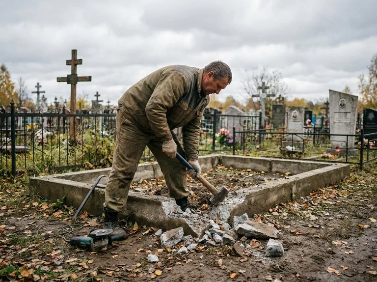 Демонтаж цветника на могиле в Омске