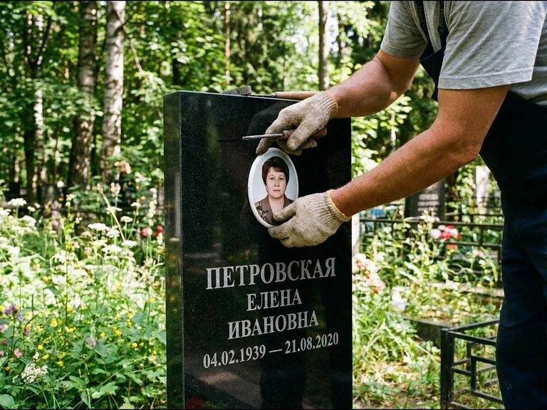 Фото на керамике на памятник в Омске — мастер устанавливает овальный керамический портрет на гранитный памятник