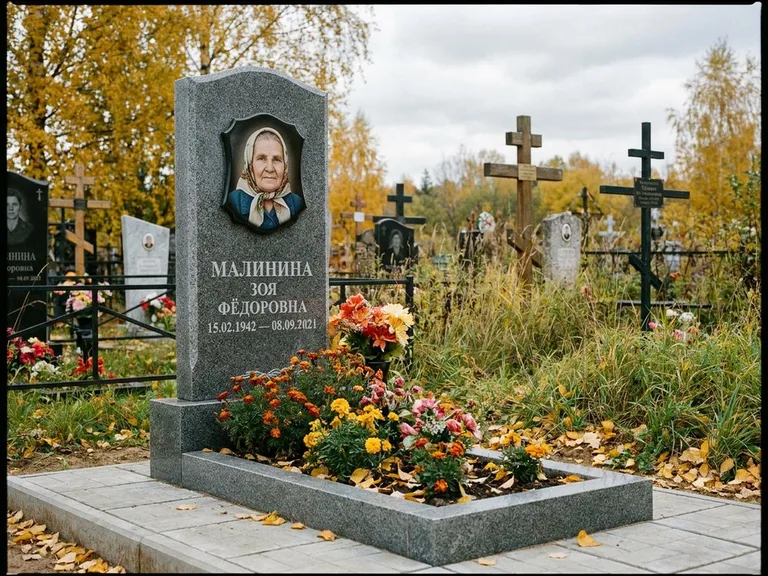 Чёрно-белый керамический портрет на памятнике в Омске