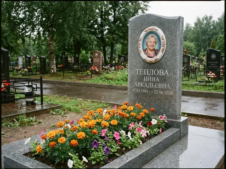 Керамический портрет на памятнике с цветами в Омске
