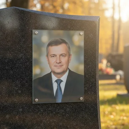 Портрет на стекле на держателях на чёрном граните в Омске