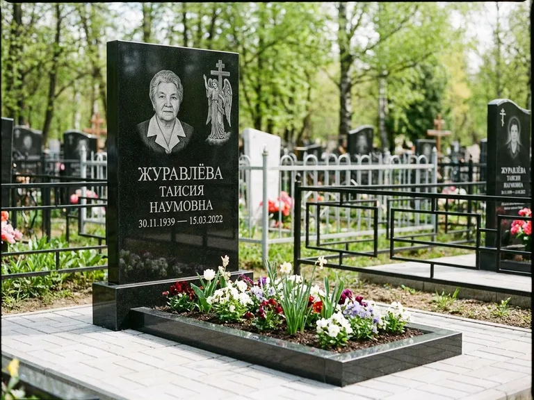 Памятник с гравировкой ангела — гравировка ангела с голубем по диагонали стелы, работа «Журавлёва» в Омске