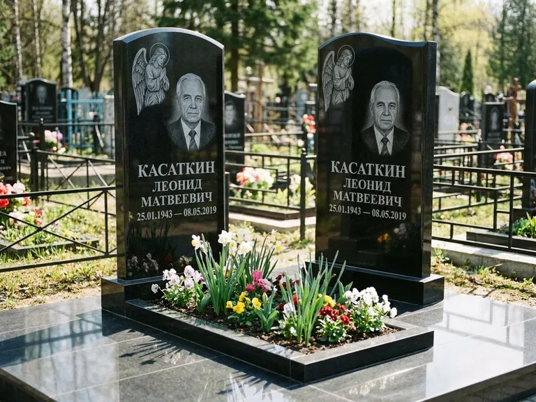 Памятник с гравировкой ангела — гравировка молящегося ангела в верхней части стелы, работа «Касаткин» в Омске