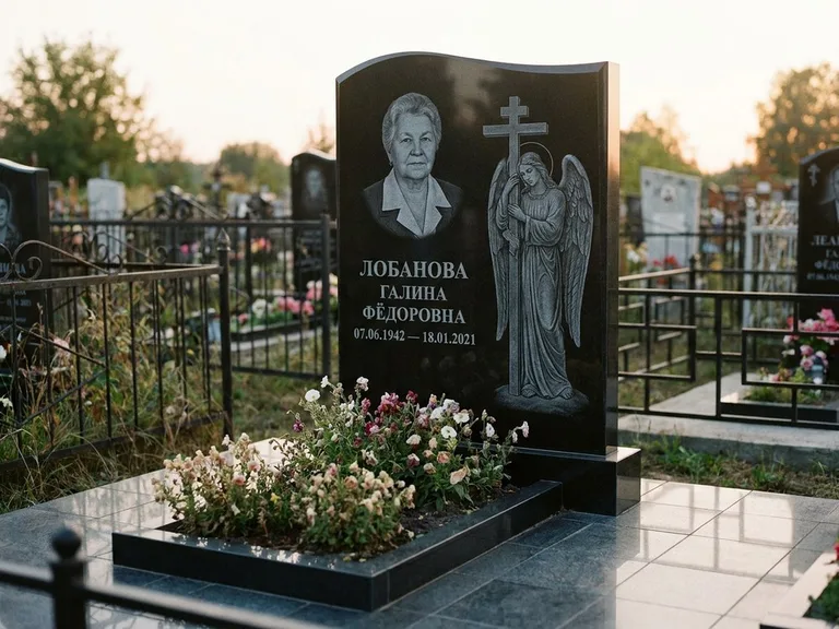Памятник с гравировкой ангела — гравировка ангела с крестом рядом с эпитафией, работа «Лобанова» в Омске