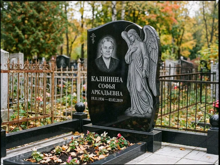 Памятник с гравировкой ангела — гравировка ангела с крестом рядом с эпитафией, работа «Игнатова» в Омске