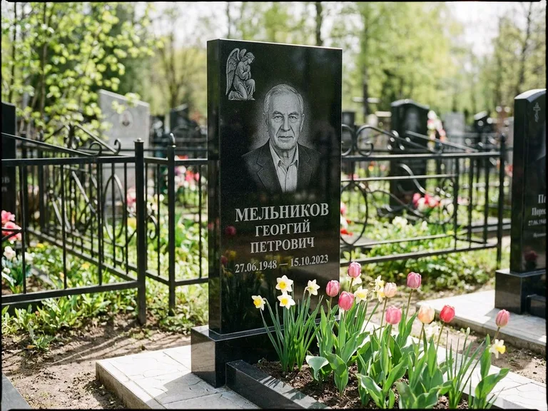 Памятник с гравировкой ангела — гравировка ангела с голубем по диагонали стелы, работа «Доронин» в Омске