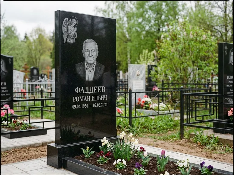 Памятник с гравировкой ангела — гравировка молящегося ангела в верхней части стелы, работа «Фаддеев» в Омске