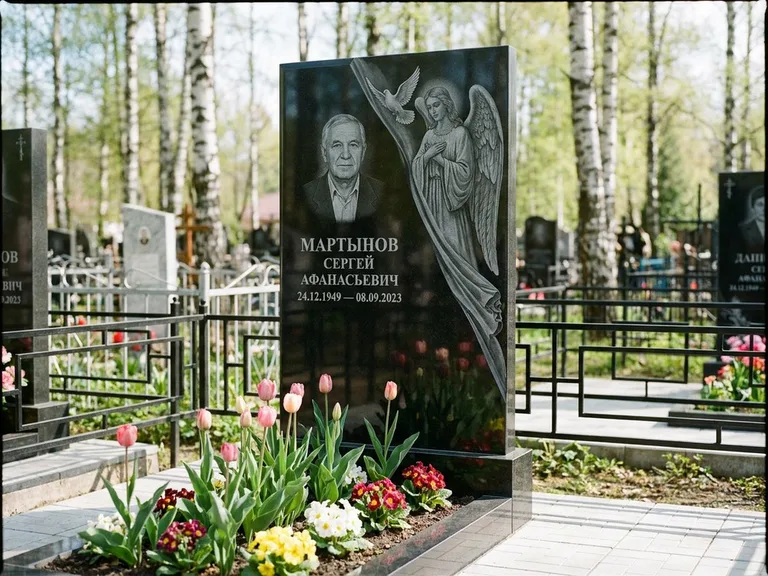 Памятник с гравировкой ангела — гравировка двух ангелов по сторонам портрета, работа «Касаткин» в Омске