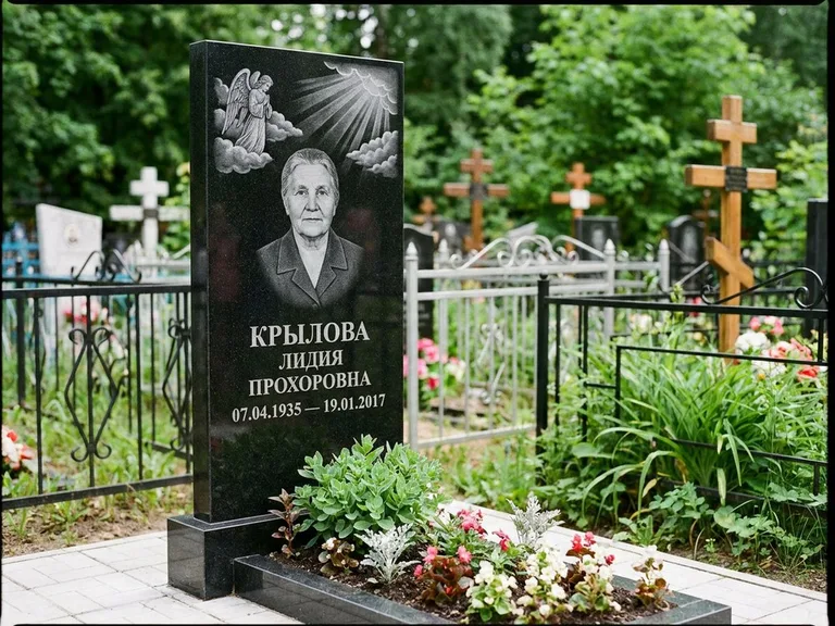 Памятник с гравировкой ангела — гравировка ангела в облаках с лучами над портретом, работа «Лобанова» в Омске