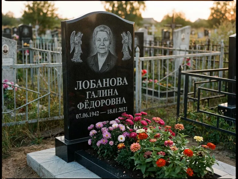 Памятник с гравировкой ангела — гравировка двух ангелов по сторонам портрета, работа «Лобанова» в Омске