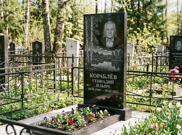 Памятник с гравировкой берёзы — гравировка берёзы у зеркального озера, работа «Кораблёв» в Омске