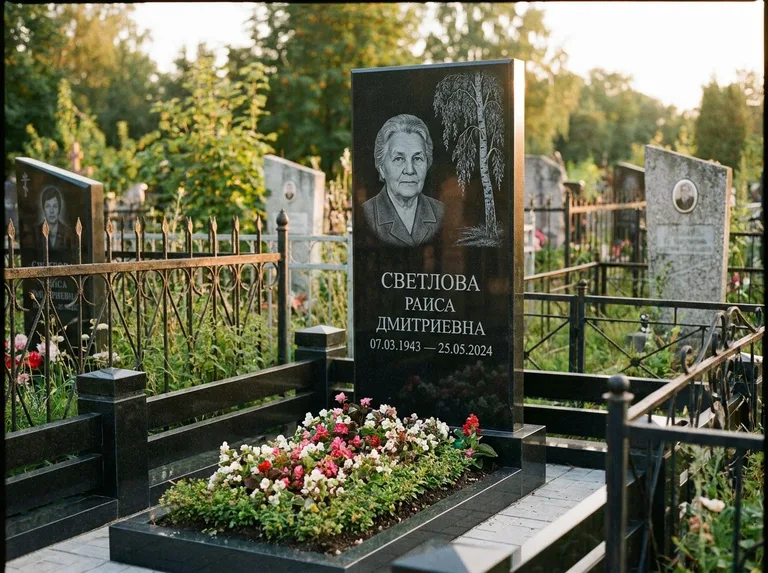 Памятник с гравировкой берёзы — гравировка плакучей берёзы с тонкими ветвями, работа «Светлова» в Омске