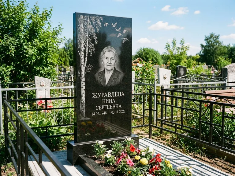Памятник с гравировкой берёзы — гравировка берёзы с журавлиным клином в небе, работа «Журавлёва» в Омске
