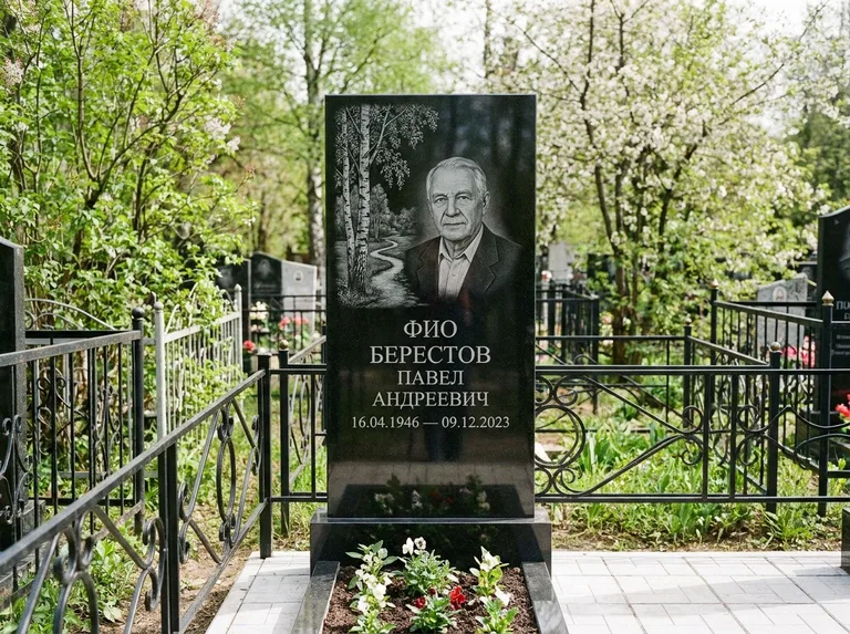 Памятник с гравировкой берёзы — гравировка берёзы у тропинки, уходящей вдаль, работа «Берестов» в Омске