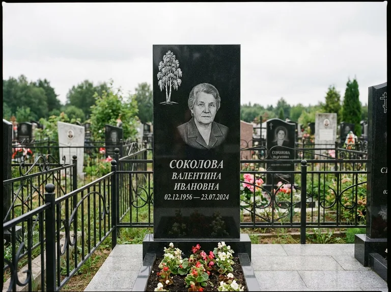 Памятник с гравировкой берёзы — гравировка одинокой берёзы над именем, работа «Соколова» в Омске