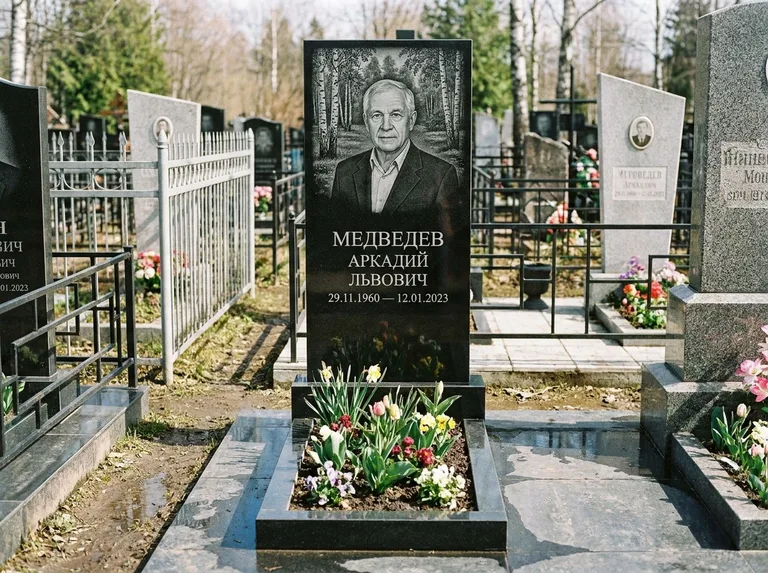 Памятник с гравировкой берёзы — гравировка берёзовой рощи в глубину, работа «Медведев» в Омске