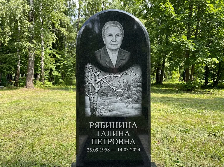 Памятник с гравировкой берёзы: стела с плавным арочным верхом — зимняя берёза, снег на ветвях, газон без ограды, стриженая трава, работа «Рябинина» в Омске
