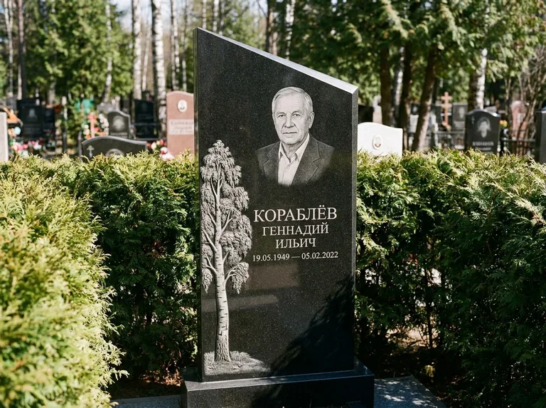 Памятник с гравировкой берёзы: асимметричная скошенная стела — объёмная одинокая берёза с фактурной корой, живая изгородь из туи, работа «Кораблёв» в Омске
