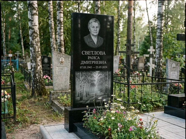 Памятник с гравировкой берёзы: двойная семейная стела — берёзовая роща в лёгкой дымке, цветник с полевыми цветами, работа «Светлова» в Омске