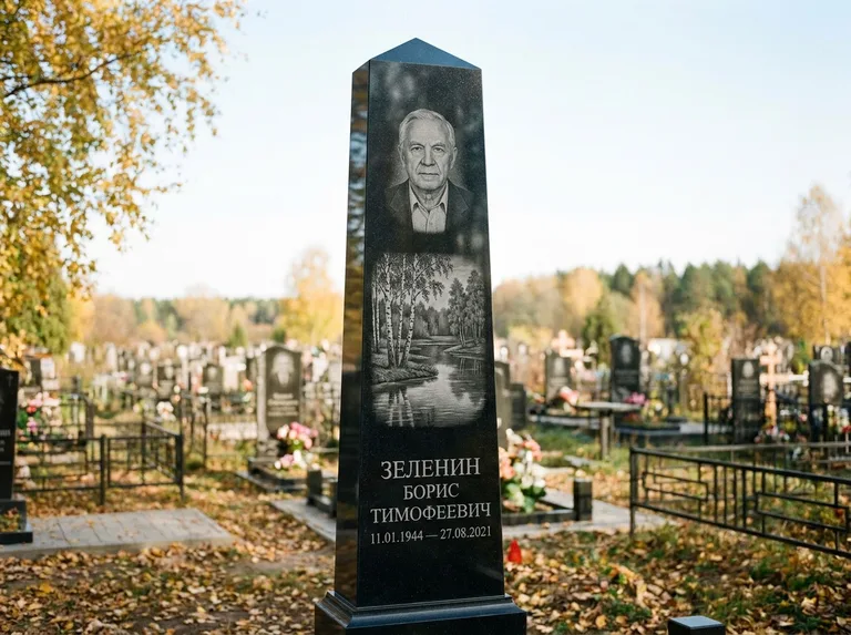 Памятник с гравировкой берёзы: гранёный обелиск-колонна — берёза у воды с отражением, открытый участок, мягкий свет, работа «Зеленин» в Омске