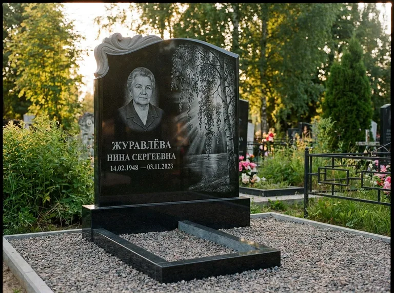 Памятник с гравировкой берёзы: стела с фигурным резным верхом — плакучая берёза в контровом свете, гравийная отсыпка, рассвет, работа «Журавлёва» в Омске