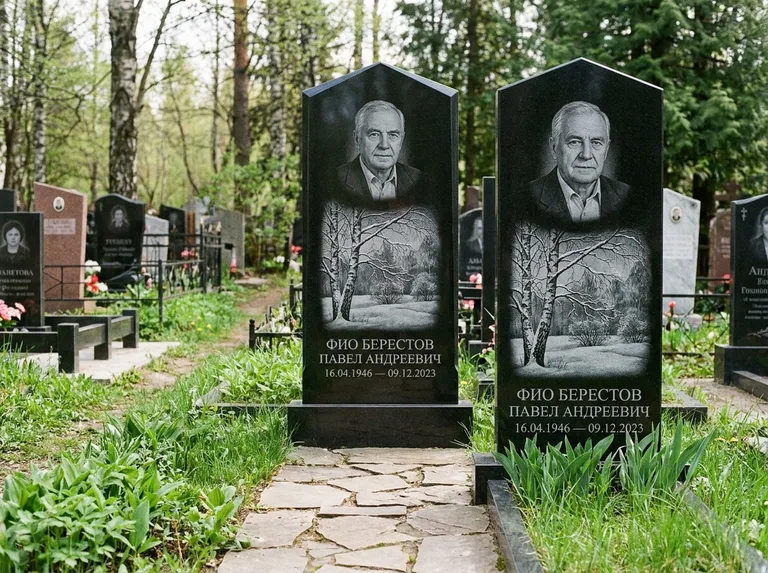 Памятник с гравировкой берёзы: массивная стела с двускатным навершием — зимняя берёза, снег на ветвях, дорожка из природного плитняка, работа «Берестов» в Омске