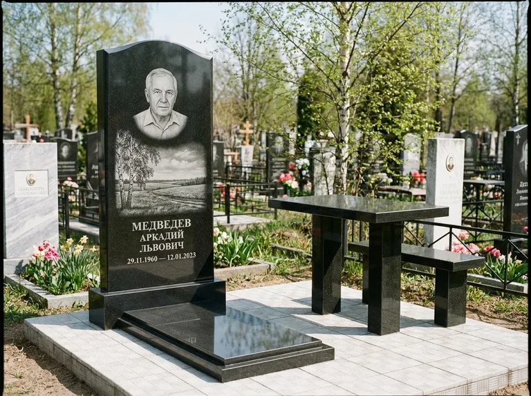 Памятник с гравировкой берёзы: стела с гранитным столиком и скамьёй — берёза у поля, простор до горизонта, семейный участок с плиткой, работа «Медведев» в Омске