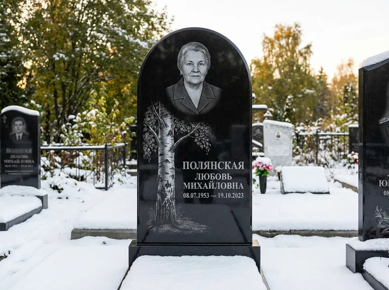 Памятник с гравировкой берёзы: полукруглая стела — объёмная одинокая берёза с фактурной корой, заснеженный зимний участок, работа «Полянская» в Омске