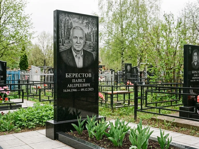 Памятник с гравировкой берёзы — гравировка берёзовой рощи в глубину, работа «Берестов» в Омске