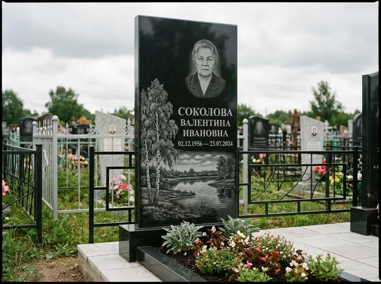 Памятник с гравировкой берёзы — гравировка берёзы у зеркального озера, работа «Соколова» в Омске