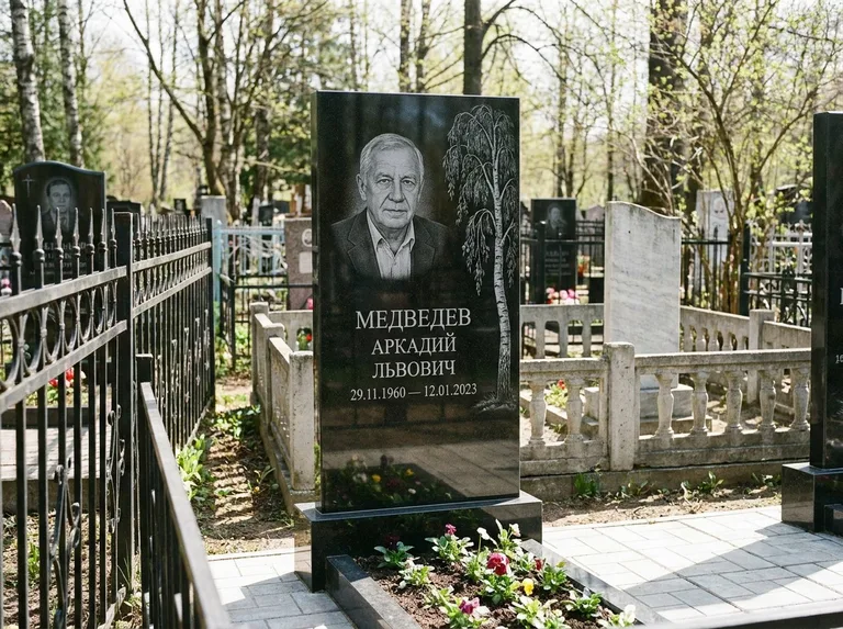 Памятник с гравировкой берёзы — гравировка плакучей берёзы с тонкими ветвями, работа «Медведев» в Омске