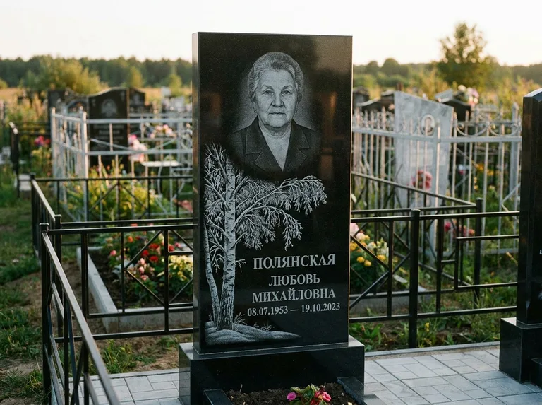 Памятник с гравировкой берёзы — гравировка зимней берёзы в инее, работа «Полянская» в Омске