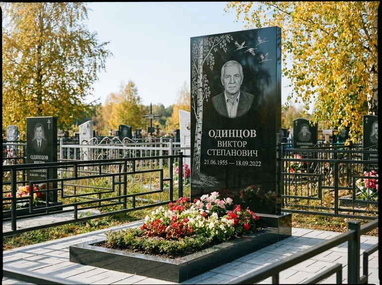 Памятник с гравировкой берёзы — гравировка берёзы с журавлиным клином в небе, работа «Одинцов» в Омске