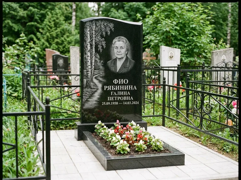 Памятник с гравировкой берёзы — гравировка берёзы у тропинки, уходящей вдаль, работа «Рябинина» в Омске
