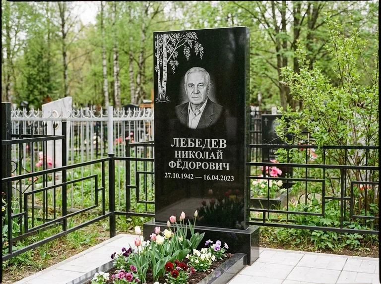 Памятник с гравировкой берёзы — гравировка одинокой берёзы над именем, работа «Лебедев» в Омске