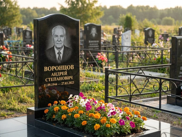 Гравировка фото на памятнике в Омске — готовый гравированный портрет на чёрном граните