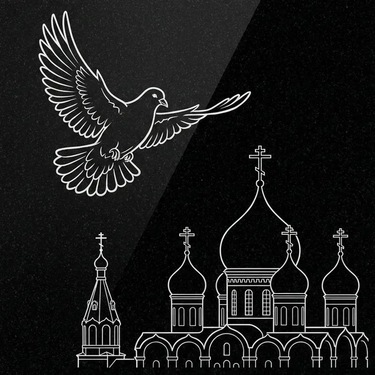 Эскиз гравировки голубей на памятник — голубь в небе над храмом в Омске