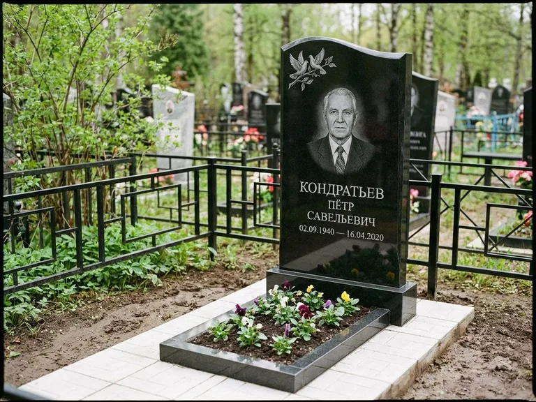 Памятник с гравировкой голубей — гравировка пары голубей на ветке в верхнем углу стелы, работа «Кондратьев» в Омске